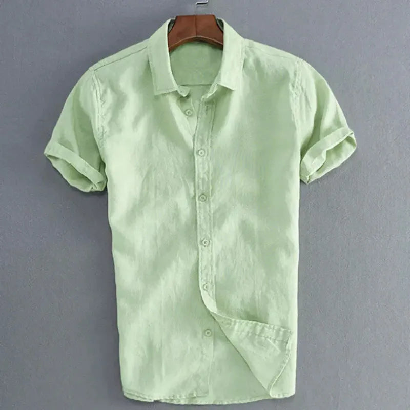 Men's hemp cotton ramie long sleeve casual button down shirt in beige, front view
