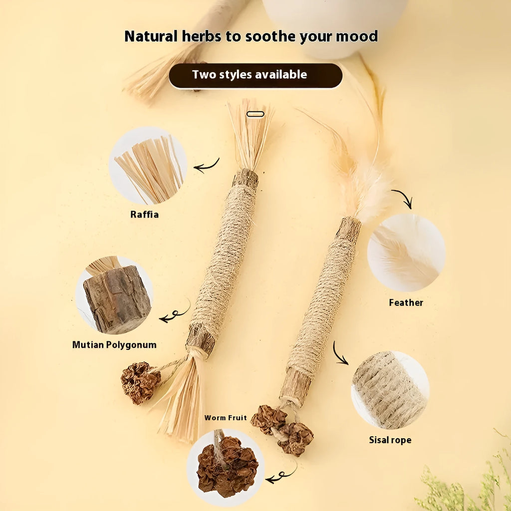 Handmade wooden cat dental chew toy with natural raffia decoration and catnip infusion