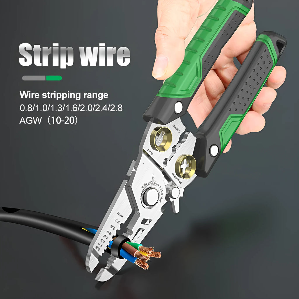 Stainless steel 7-in-1 wire stripper tool with two-colour ABS handle for optical fibre and electrical wires.