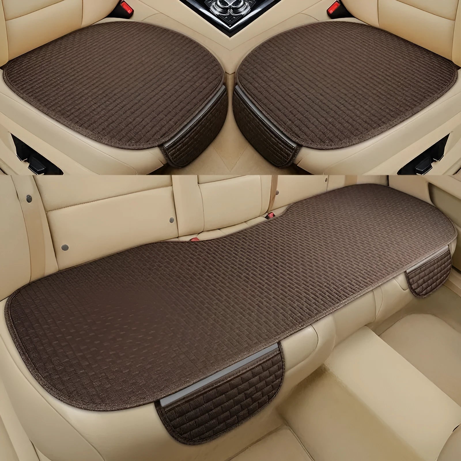 Linen plaid car seat cushion set shown in charm coffee colour on a car seat