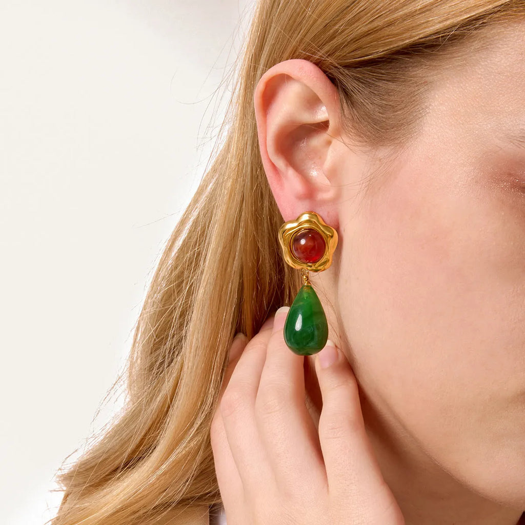 Resin earrings with electroplated antique geometric quadrilateral design for women, light luxury style