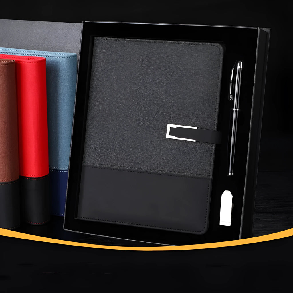 A5 business notebook with PU leather cover in brown, black, green, blue, or red, alongside a luxury gift box.