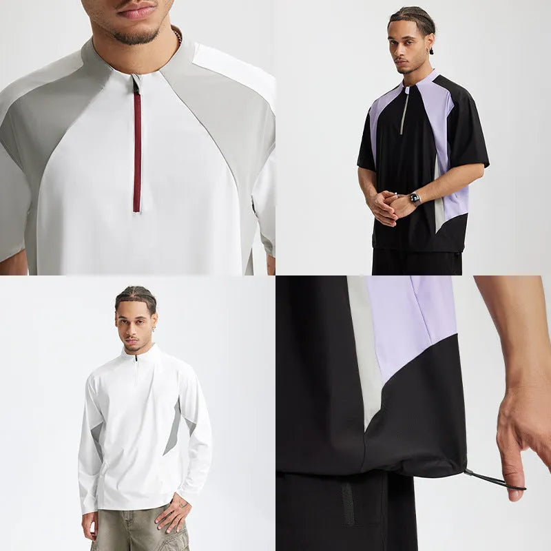 Men's lightweight polyester top with stitching detail in black or beige, available in long sleeve and short sleeve versions