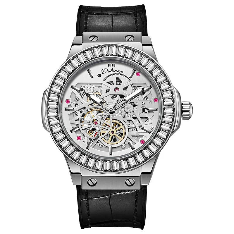 Automatic mechanical men's watch with hollow movement design and diamond studding on white shell