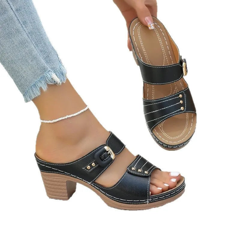 Open toe chunky heel embossed outdoor slippers in black, milky white, and white with fish mouth toe bracket