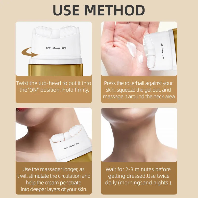 Neck moisturising cream with roller applicator for dry skin in medium sample packaging