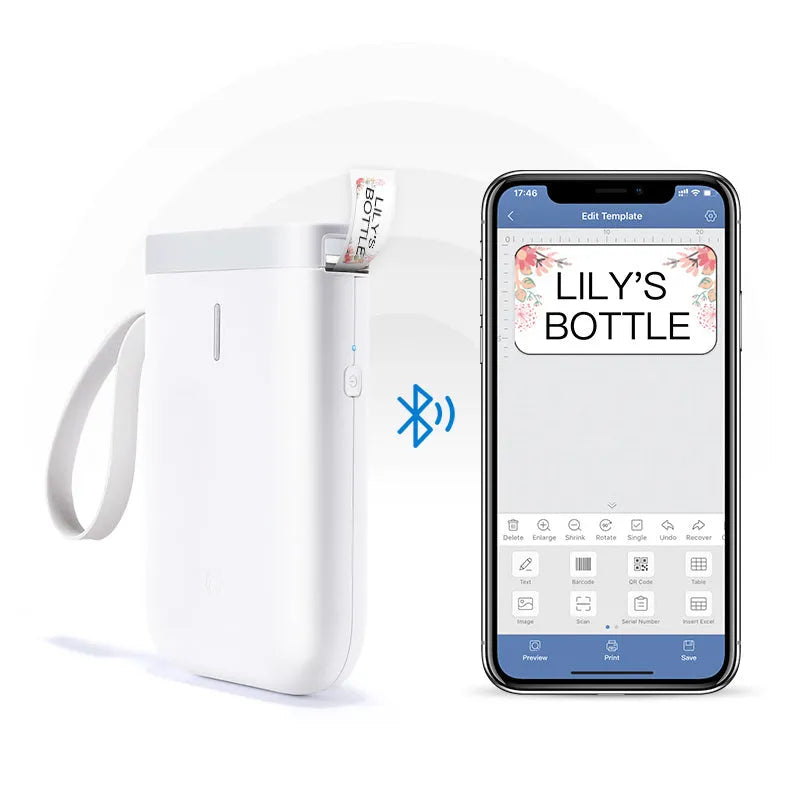 D11 Bluetooth thermal label printer in chosen colour next to smartphone showing label design app.