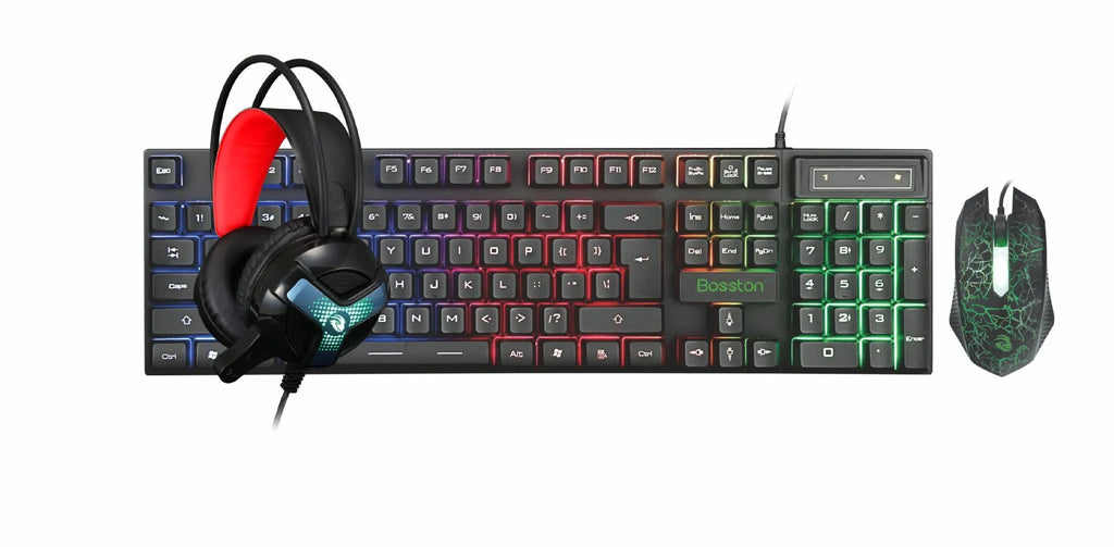 Thunder Wolf gaming keyboard and mouse set with RGB lighting, headset, and large mouse pad