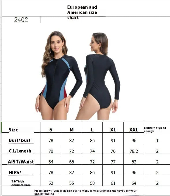 One-piece long sleeve swimsuit with front zipper in blue red and gray yellow