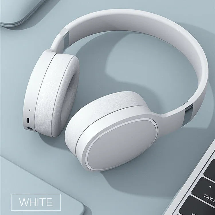Wireless Bluetooth headset in black, blue, grey, or white with over-ear 40mm speakers.