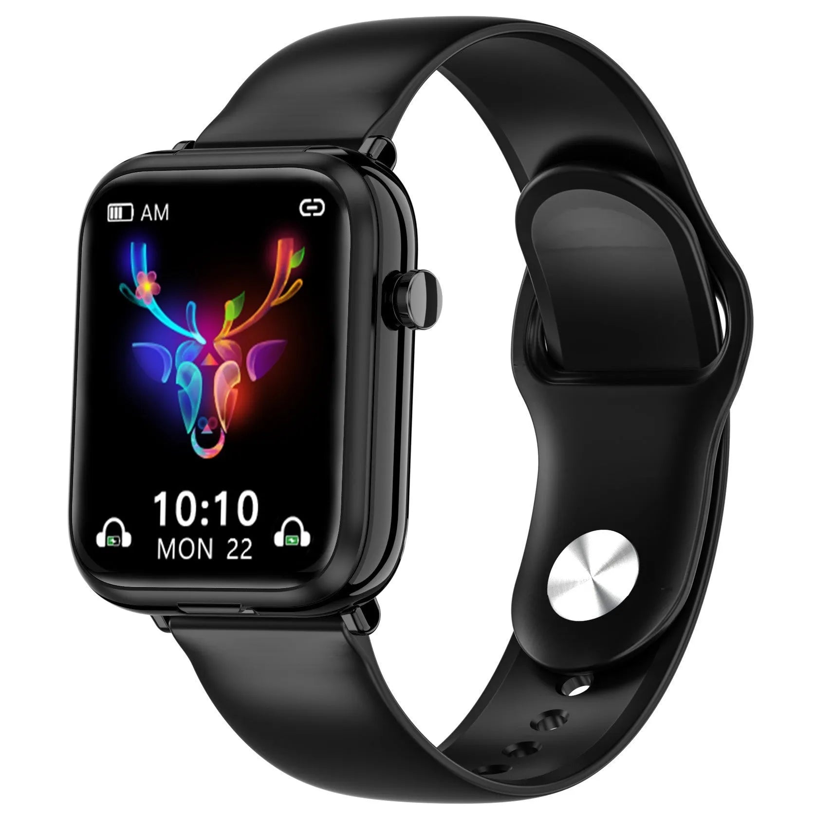 Black smartwatch with Bluetooth earbuds and charging case on a 1.69-inch touchscreen display.