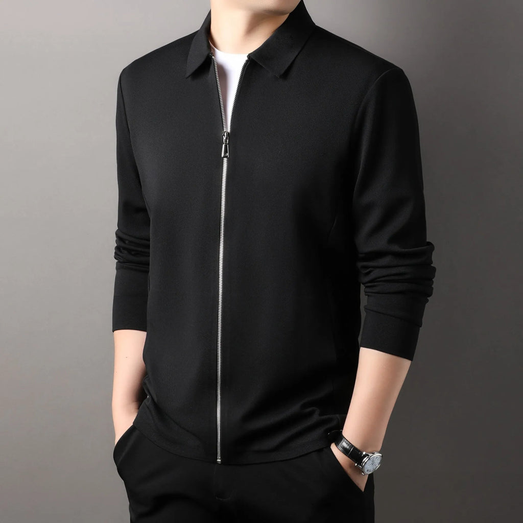 Men's polyester casual business jacket in three colours: black, dark grey, and apricot.