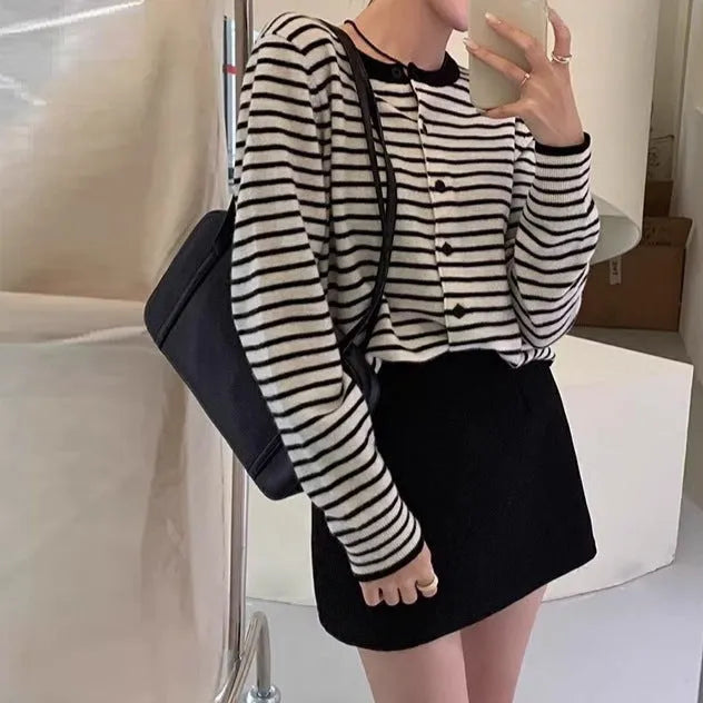 Dark grey and white striped women's cardigan with slim fit and short 40cm length