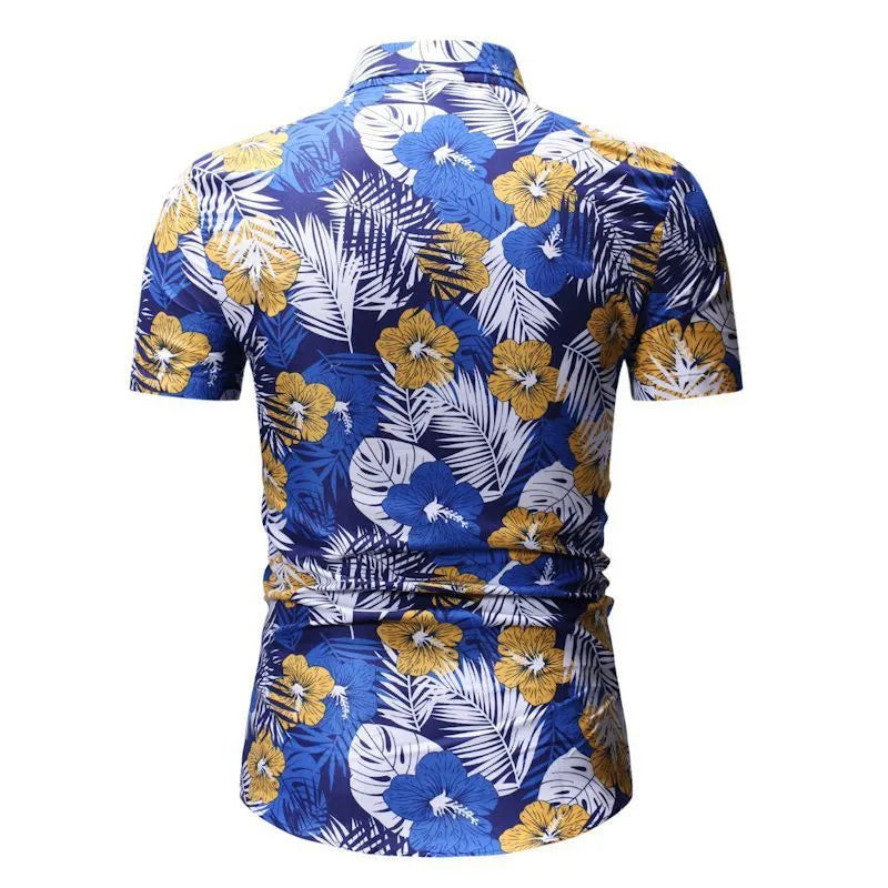 Men's summer floral shirt with square collar short sleeves in blue polyester on white background