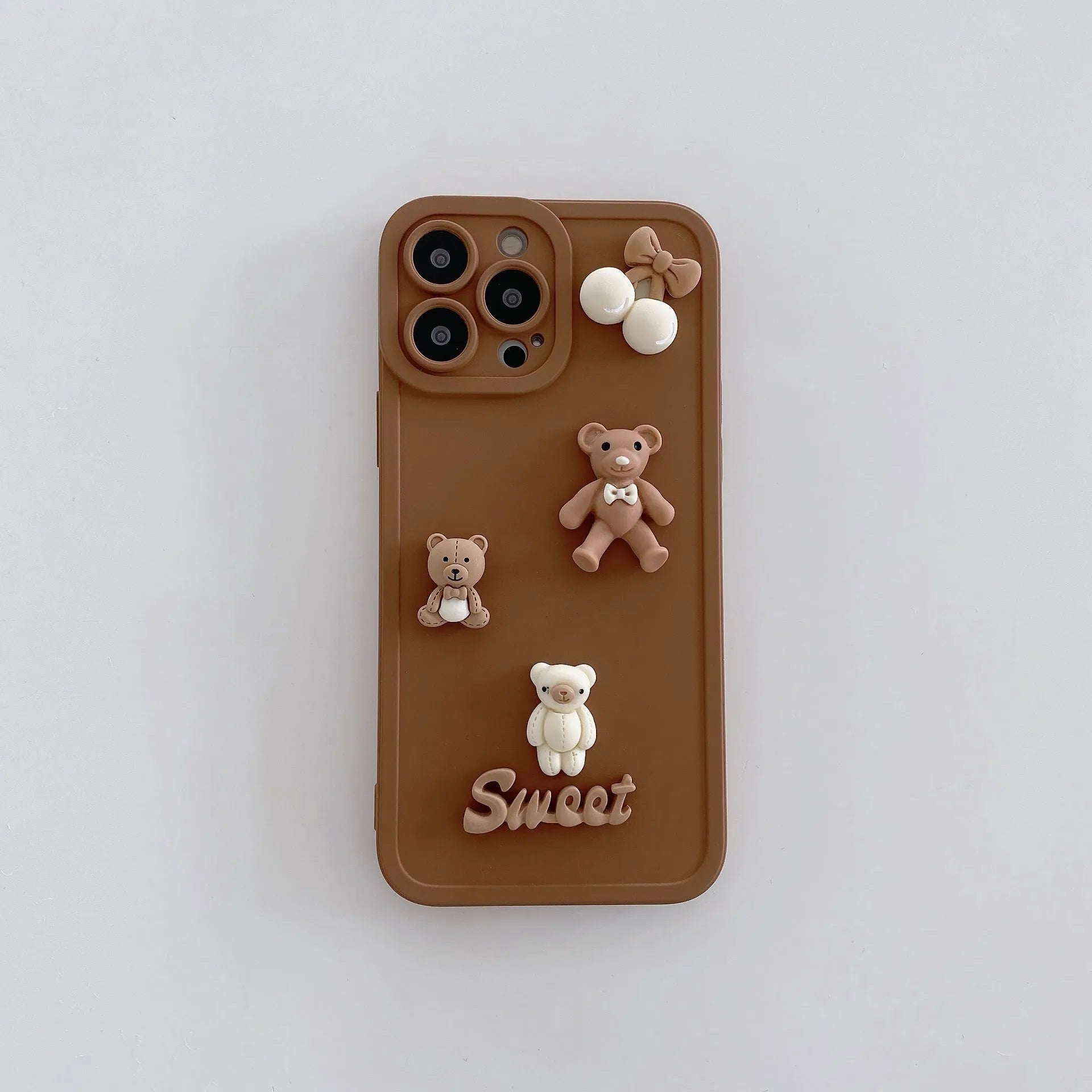 Angel Eyes TPU phone case for iPhone 13 in caramel colour with three-dimensional bear design