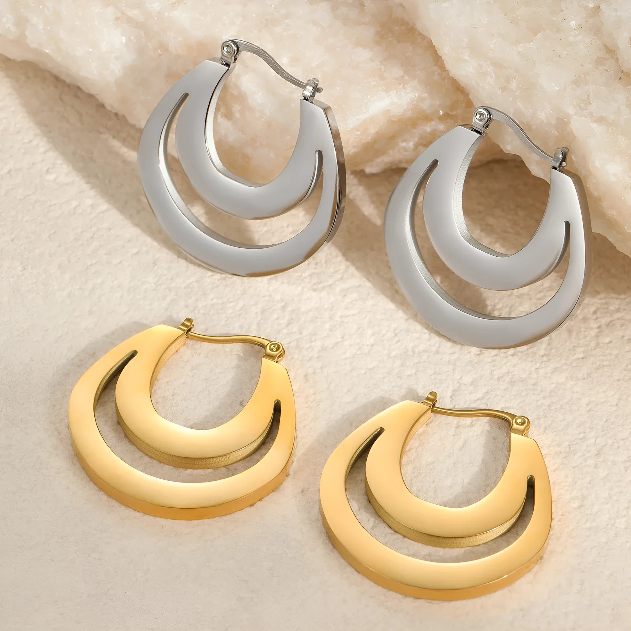 Geometric French earrings with round ring design in gold plated 18K stainless steel for women