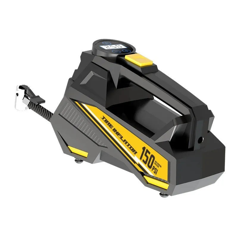 Black vehicle-mounted electric tyre inflator with digital display and light.