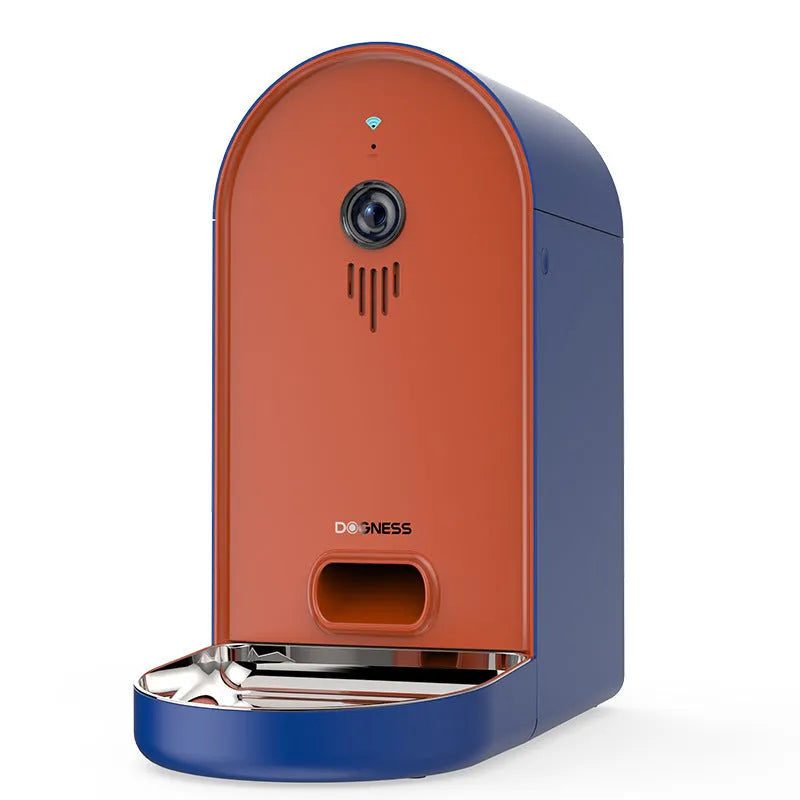 Smart automatic pet feeder with digital display in a two-tone colour option on a kitchen counter.