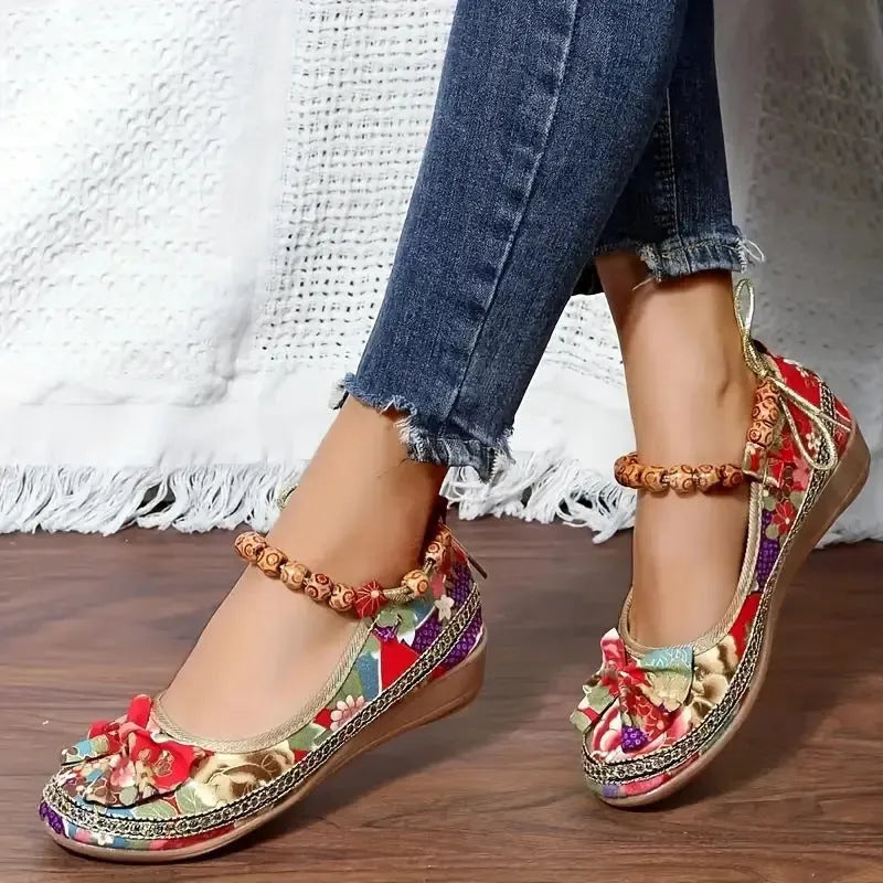 Women's black plus size ethnic platform sandals with cloth upper and elastic band