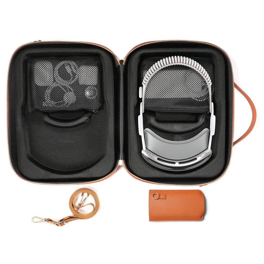 Vision Pro MR storage box in superfiber material showing black and brown colour options