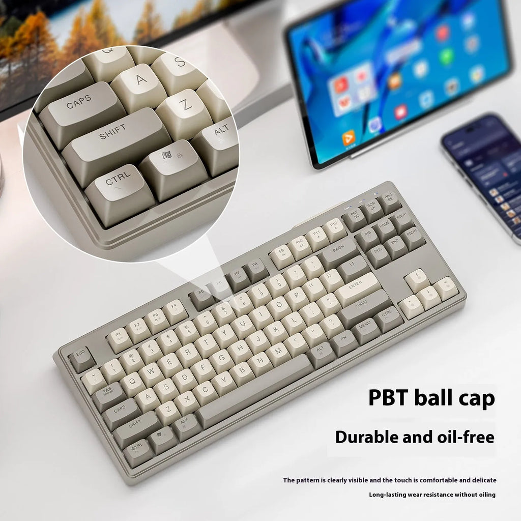 Wireless Bluetooth dual mode mechanical feeling keyboard in blueberry colour with 87-key compact layout