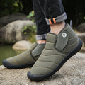 Men's and women's cotton snow boots with a non-slip rubber sole in yellow, green, blue, or black.