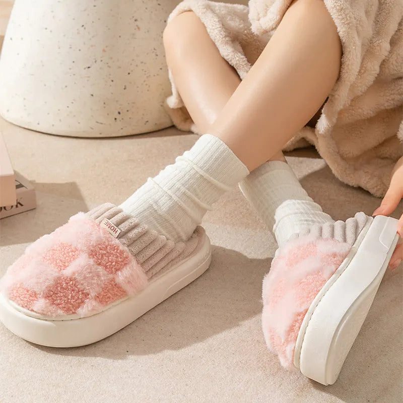 Plaid pattern women's plush indoor slippers with anti-slip soles in multiple colour options