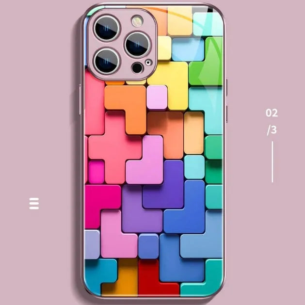 Colourful cartoon geometric building block pattern on a black silicone iPhone back cover case.