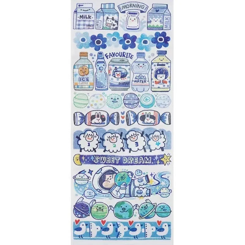 Sheet of cute cartoon character stickers on Japanese paper for haemorrhoid tape packaging.