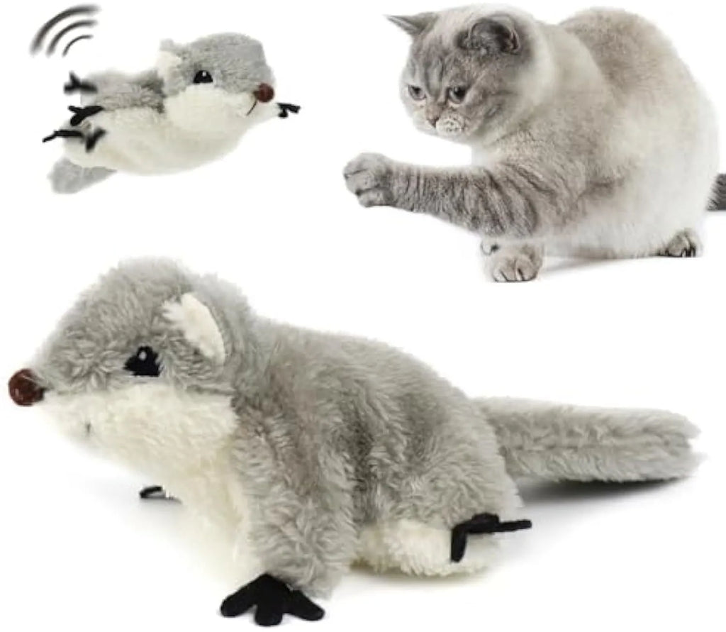 Grey flapping squirrel cat toy with USB charging cable on a plain background.