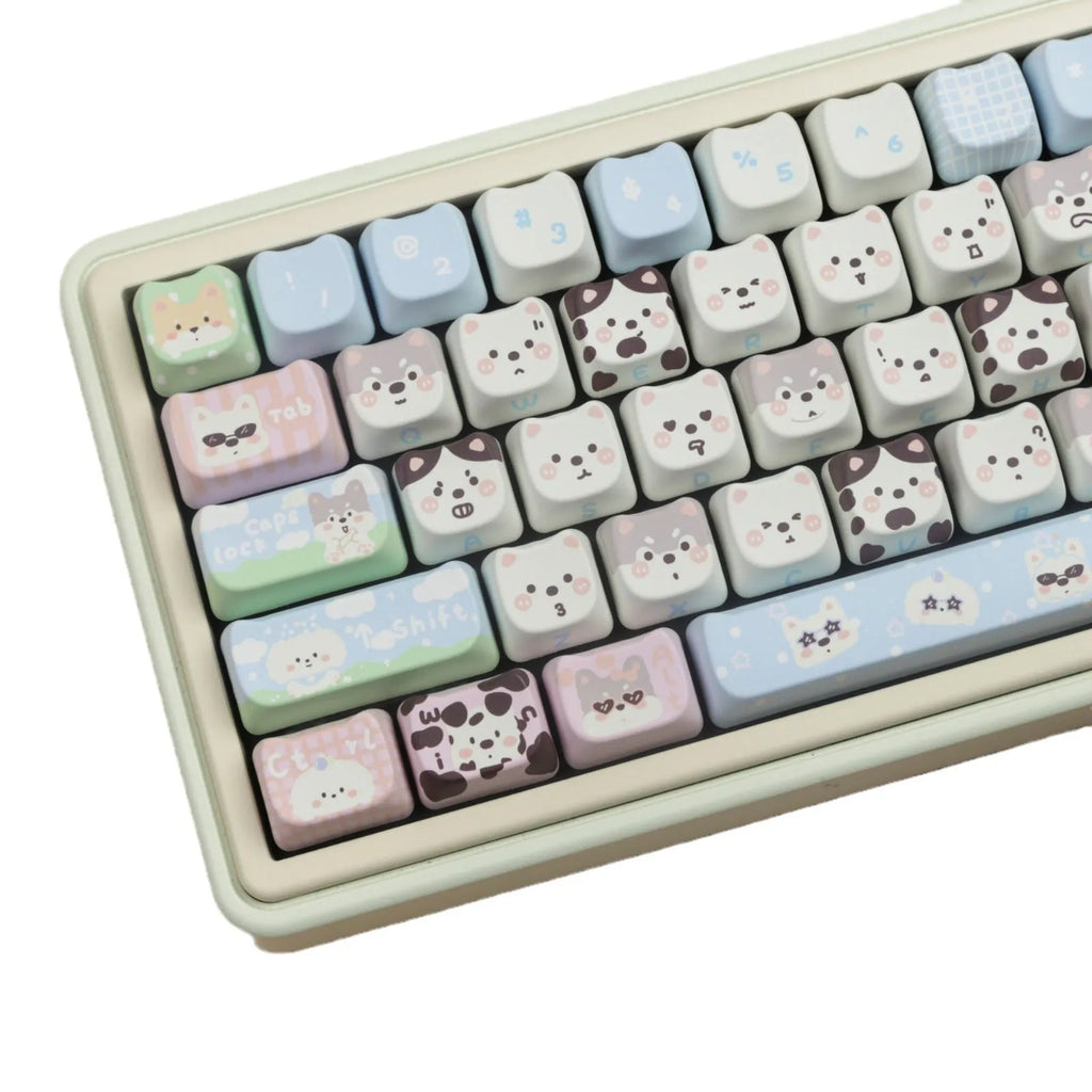 Complete set of 127 PBT key caps with sublimated cat and puppy designs for mechanical keyboard customisation
