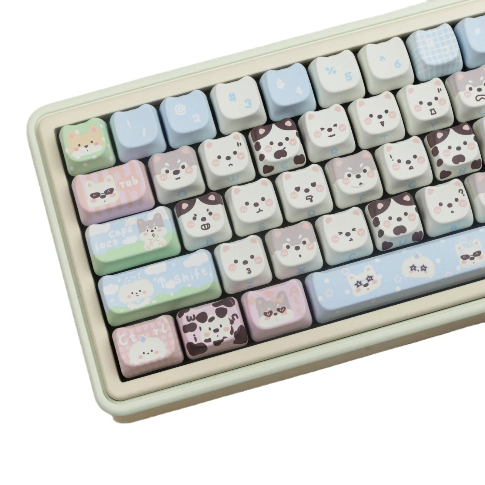 Complete set of 127 PBT key caps with sublimated cat and puppy designs for mechanical keyboard customisation