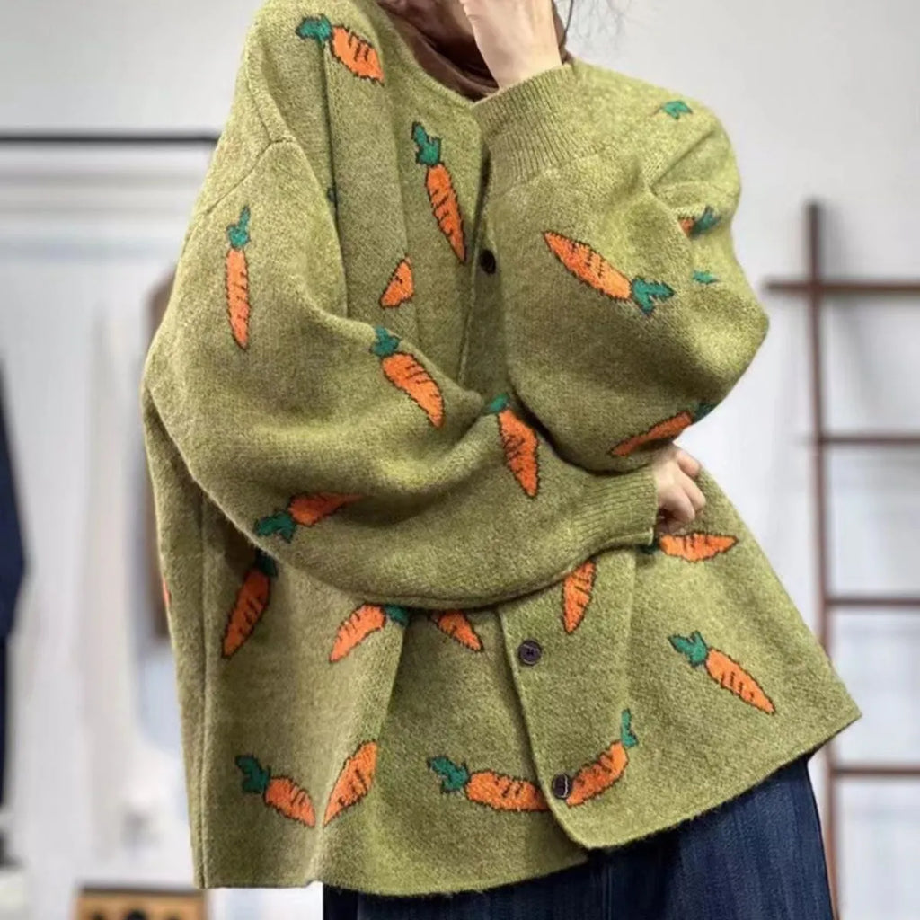 Round neck Mori artistic printing cardigan sweater in viscose fibre with colour contrast design