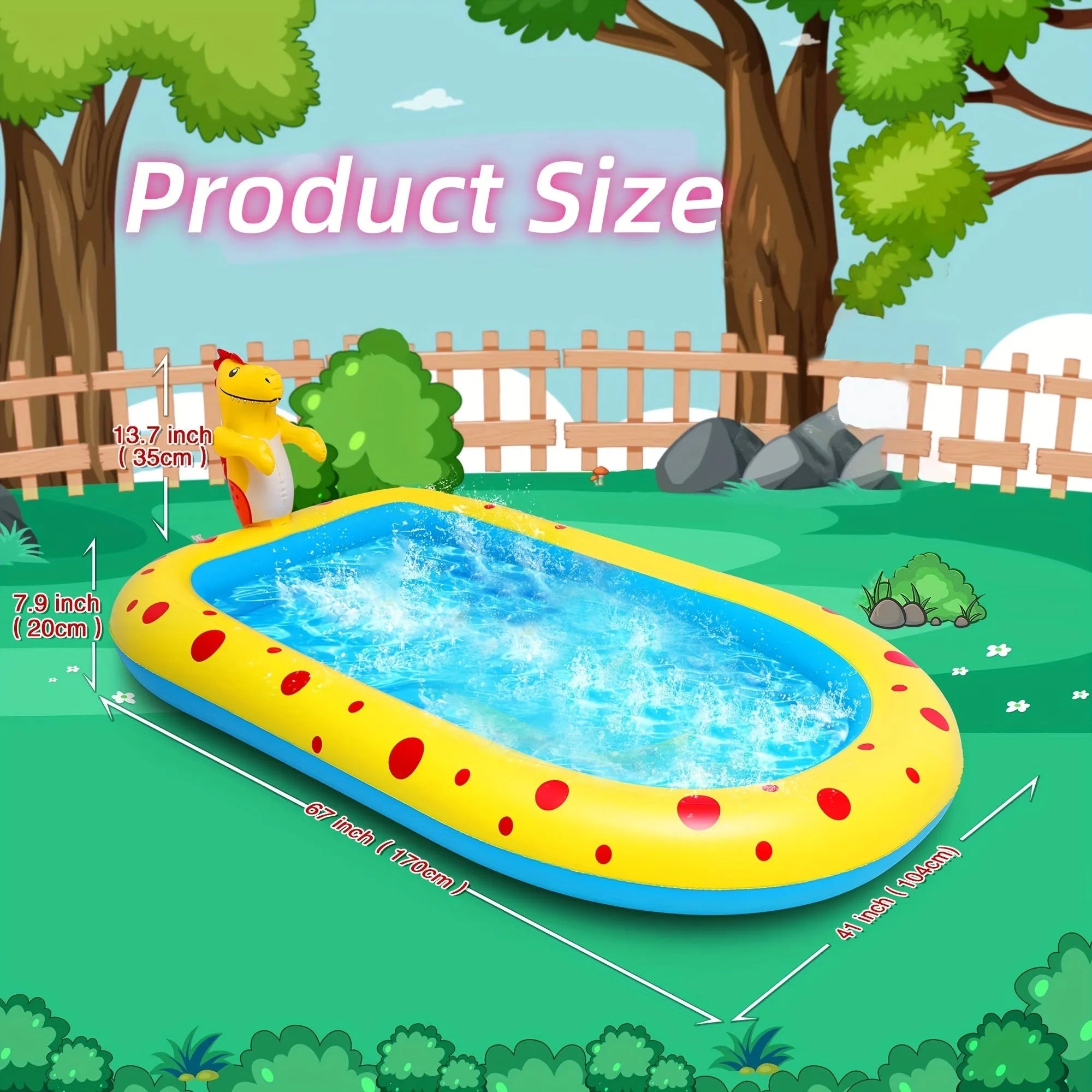 Blue inflatable dinosaur-shaped pool with water spray feature, shown in a garden setting.