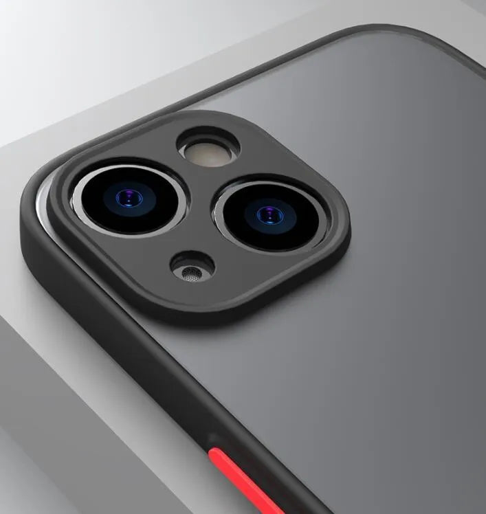 Fine hole skin-sensing hard frosted iPhone case in black, showing full lens protection cover.