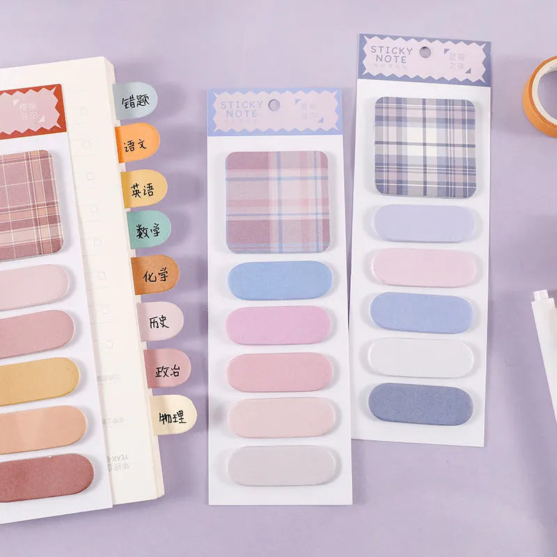 Colourful memo pad with plaid pattern sticky notes showing Spring Garden, Twilight Coast and other colour options
