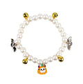 Halloween cat collar with simulated pearls and pumpkin designs including purple ghost, skull, and smiling pumpkin patterns