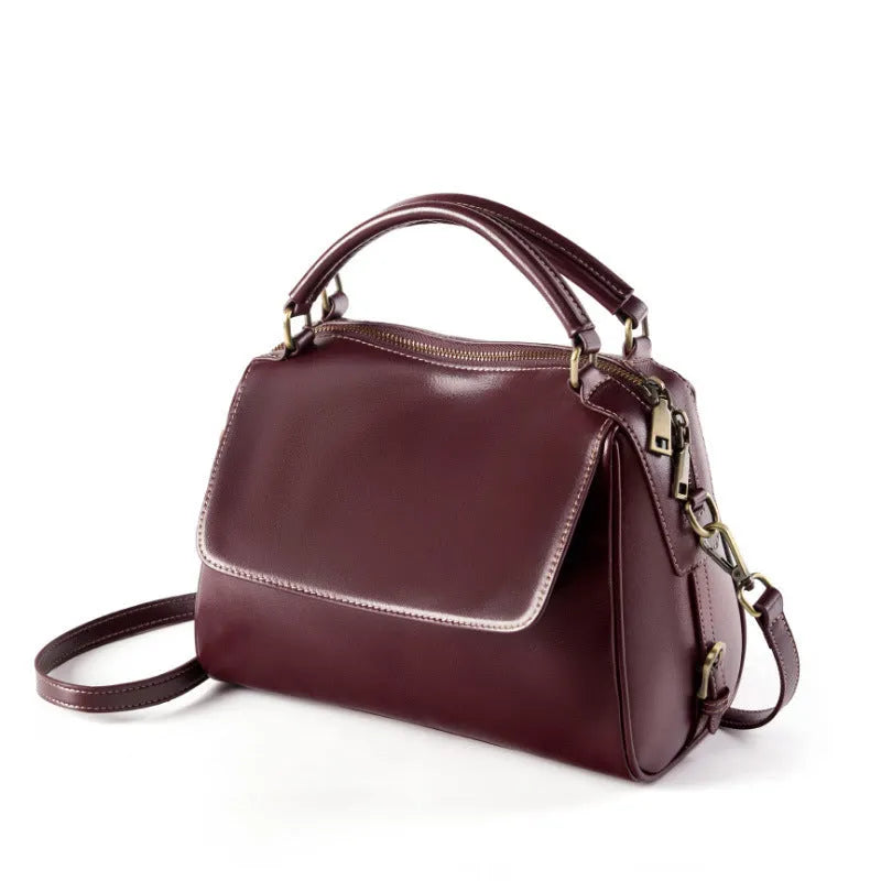 Women's genuine leather crossbody tote bag in cross-square shape with double straps and internal compartments