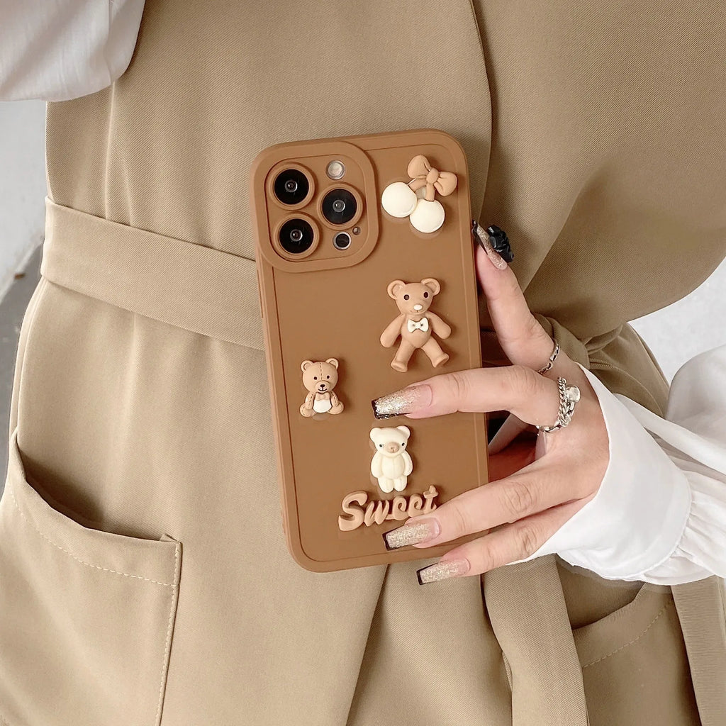 Angel Eyes TPU phone case for iPhone 13 in caramel colour with three-dimensional bear design