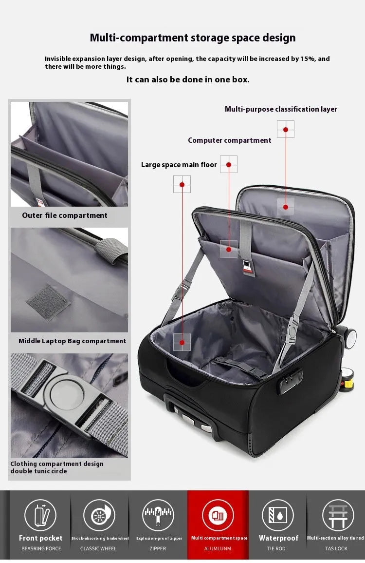 18 inch black Oxford cloth business suitcase with telescopic handle and universal wheels