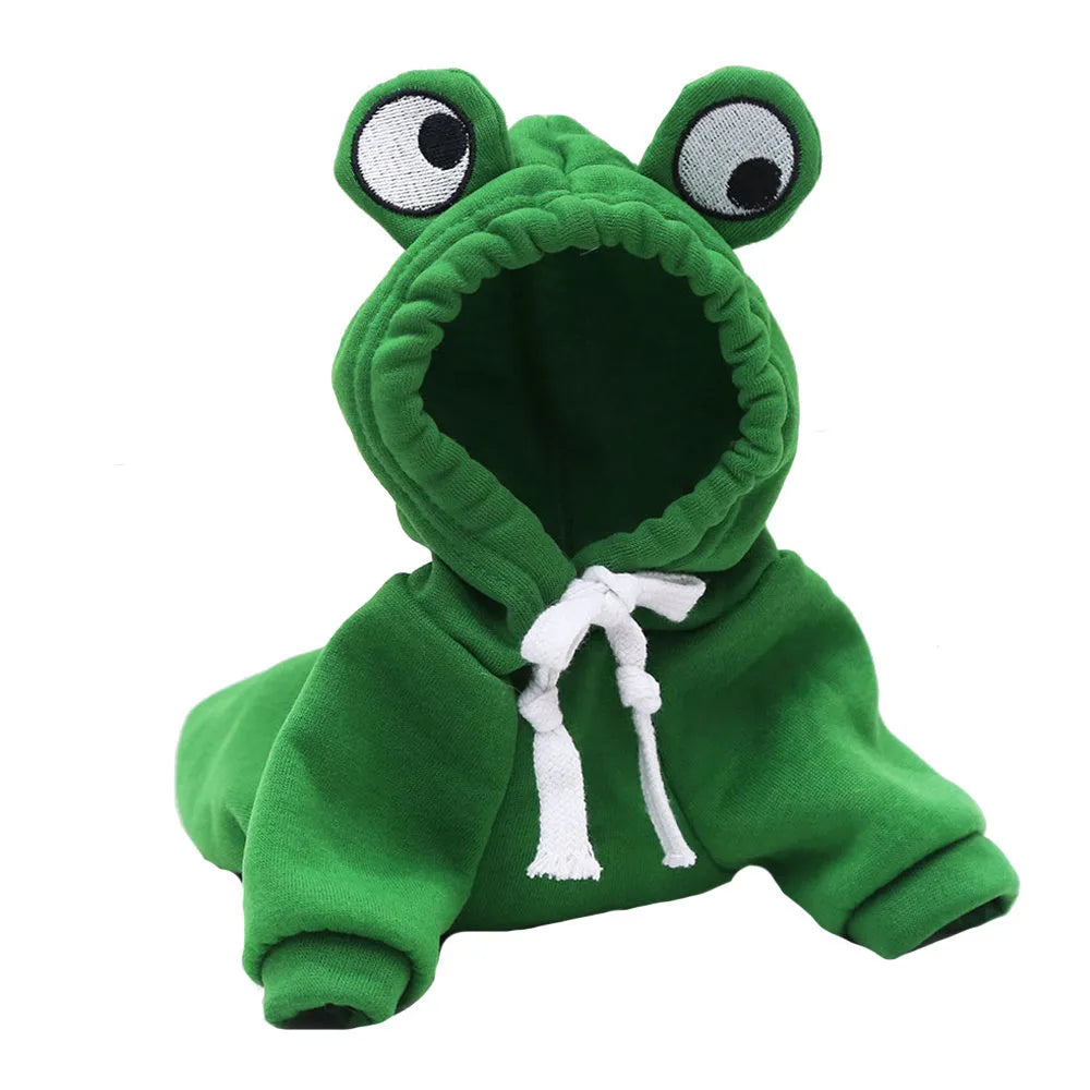 Green frog costume pet hoodie on small dog showing frog pattern design and hood