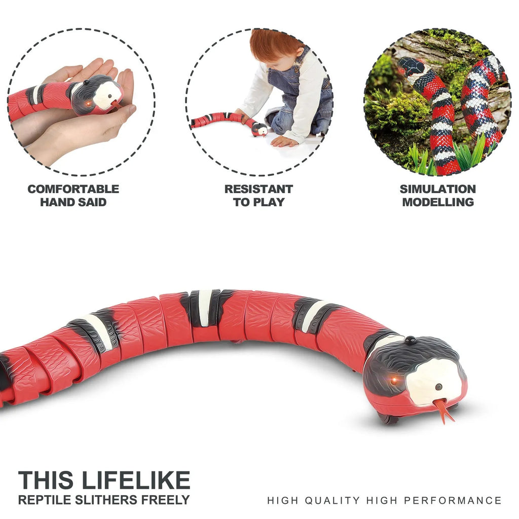 Smart sensing USB rechargeable electronic snake cat toy with realistic cobra design on a floor