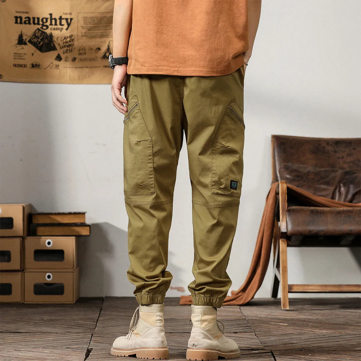 Men's cotton tapered harem pants with ankle band design in khaki colour