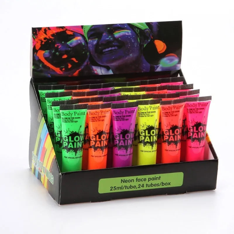25ml squeeze tube of neon face paint in red, yellow, green, purple, orange, or pink for body art.