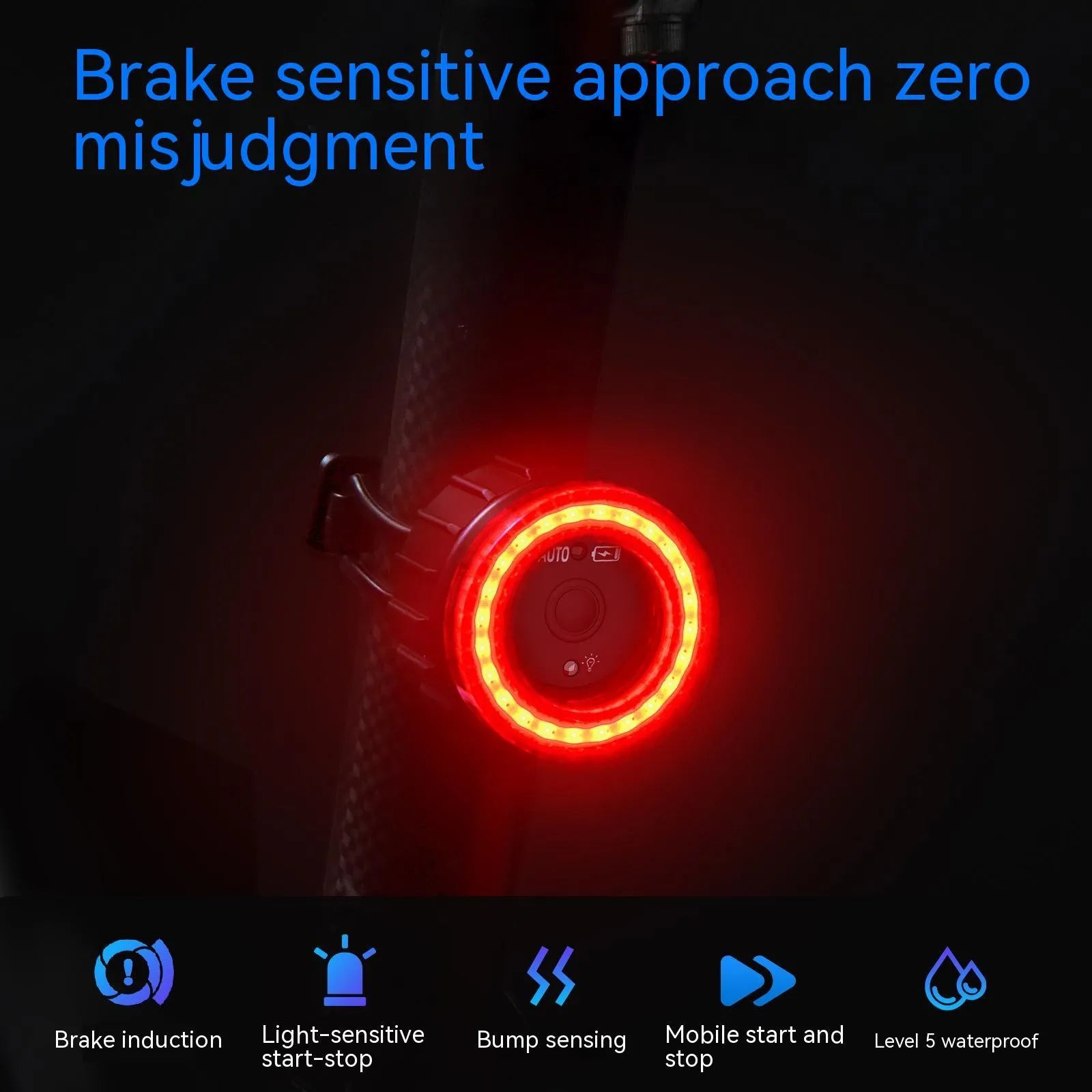 Black intelligent induction brake taillight for bicycles with aluminium alloy construction and seat tube bracket