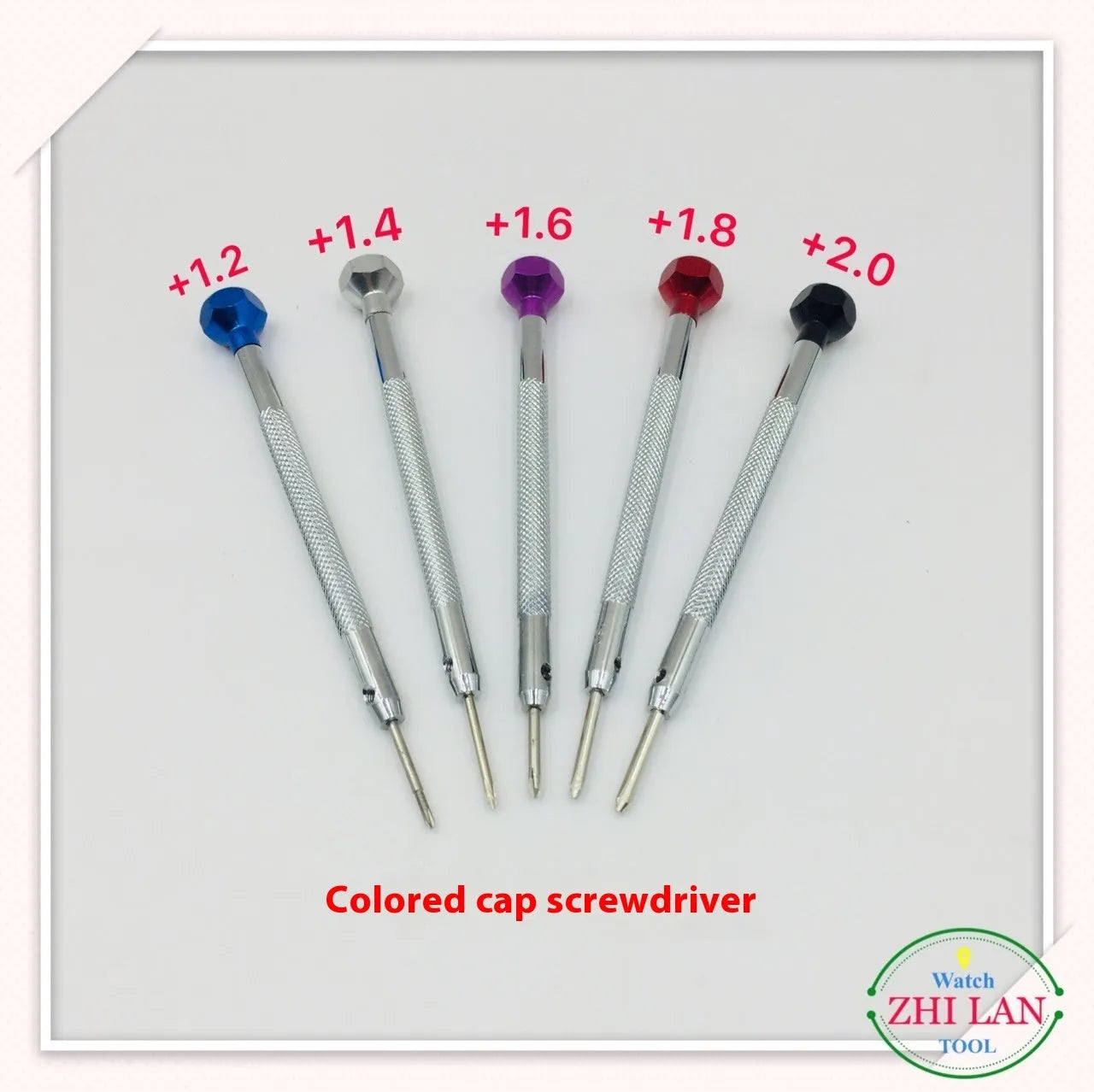 Six colour-coded watch repair screwdrivers with copper handles in an aluminium case.