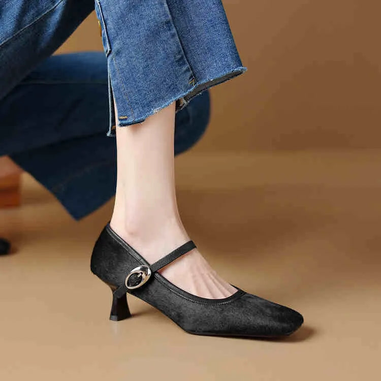 Women's black square toe stiletto ankle-strap shoes with horse hair upper and buckle fastening