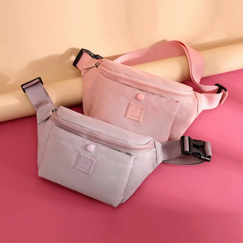 Large capacity crossbody nylon fanny pack for women in eight colours with zipper closure and internal pockets for running and travel