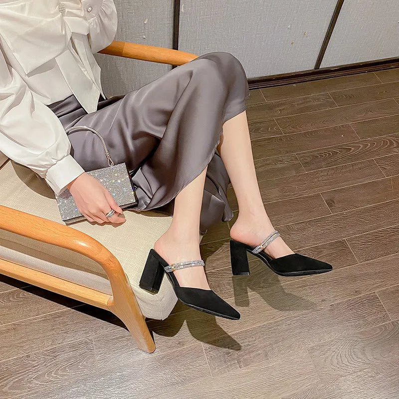 Women's thick heel toe box plus size high heel shoes in suede with pointed toe
