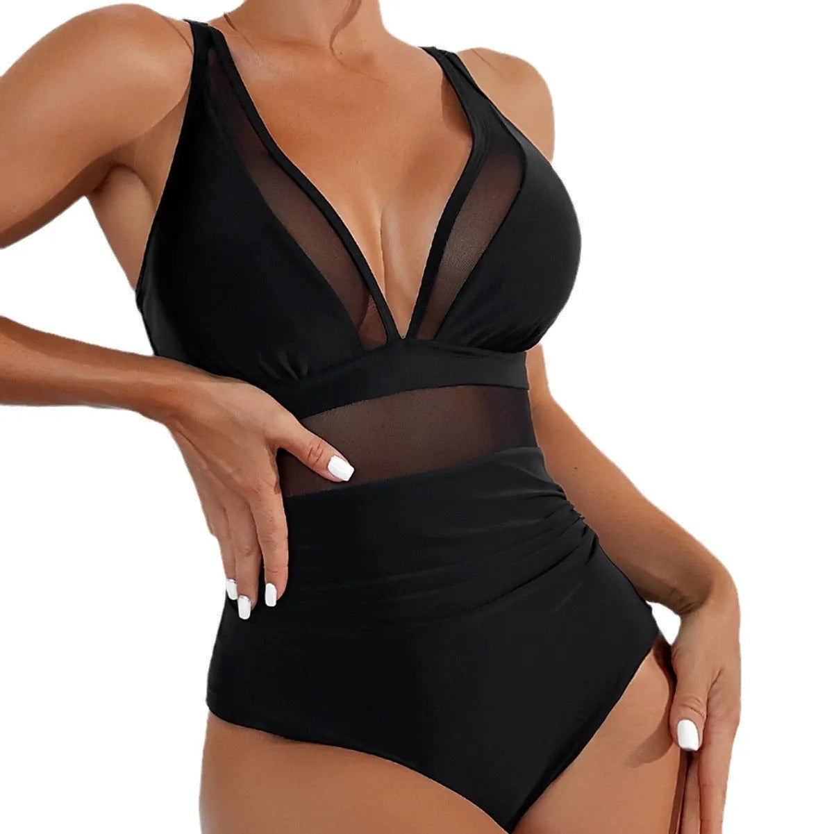 Black women's halter bikini one-piece swimsuit with mesh detailing and briefs style.